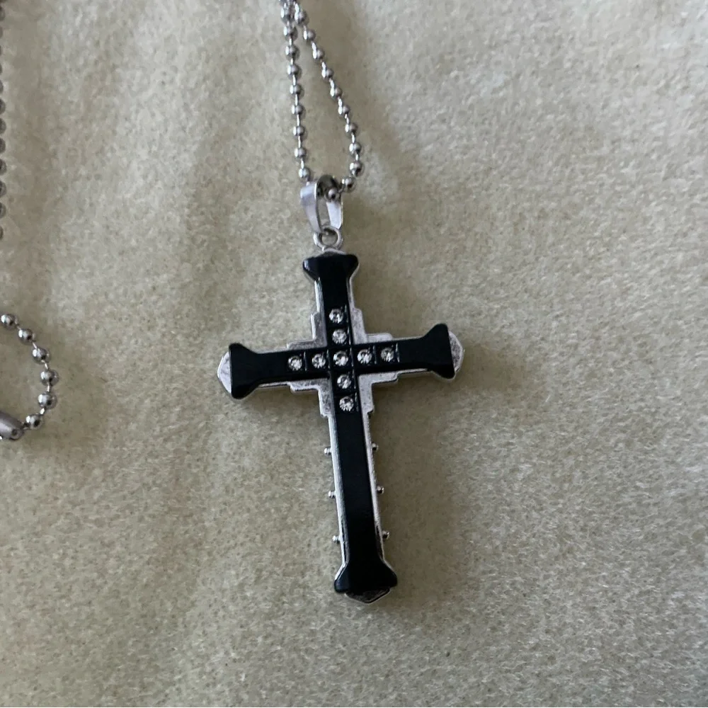 Silver and Black Cross Pendant Necklace, 28”